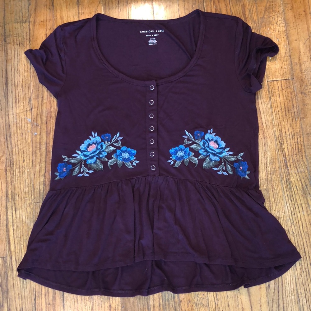 AE Soft & Sexy plum embroidered peplum/swing top